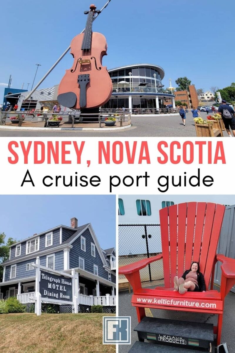 Learn about the top attractions near the Sydney Nova Scotia cruise port. Discover three museums within walking distance, top port excursions, plus dining and shopping options in this Cape Breton city. The Big Fiddle and giant Adironak chair at the Sydney Nova Scotia cruise port and a motel in nearby Baddeck