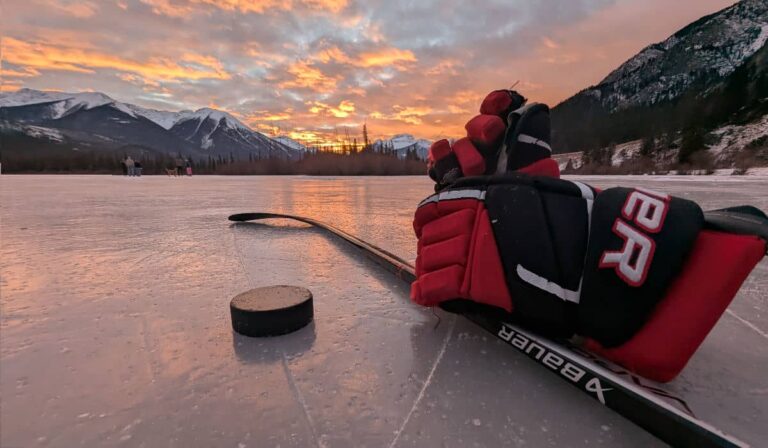 Playing ice hockey on Vermillion Lakes in Banff