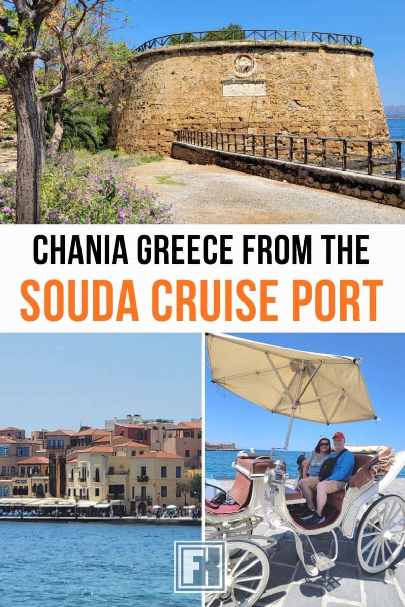 Docking in Souda Bay in Crete, Greece? Discover your transportation options to reach Chania from the cruise port, what to see and do, and what Greek foods to try. Old ruins in Chania, Chania waterfront and taking a carriage ride through the old city