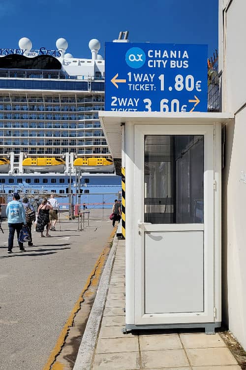 Chania local bus ticket booth, cheapest transportation from the cruise port to Chania