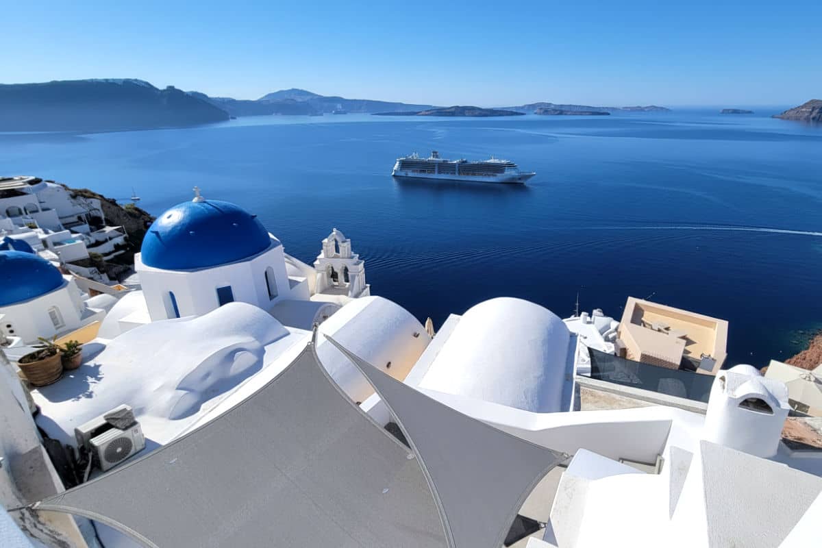 cruise ship anchored in Santorini