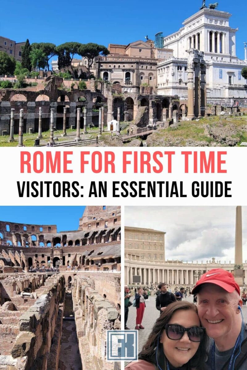 Your ultimate guide to Rome, Italy, for first-time visitors! Discover iconic sights, vibrant, cultural museums, neighborhoods, and unique experiences. Get tips on booking attraction tickets, insight on walking tours, and more. An image of us visiting Rome for the first time, the Roman Forum and the Colosseum arena floor.